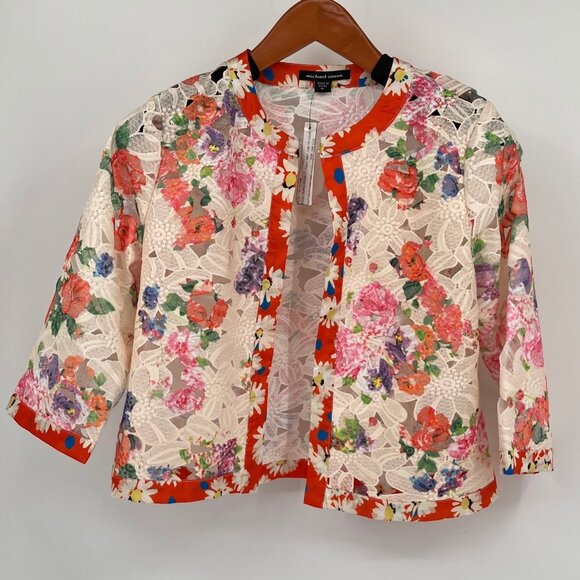 Michael Simon Floral Lace Silk Trim Jacket Size P L Orange Red Sheer Lightweight - Picture 1 of 16